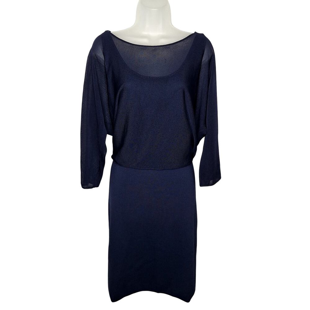 Lauren Ralph Blousson Knit Dress XL Sheer Mesh Navy Dolman Batwing Classic